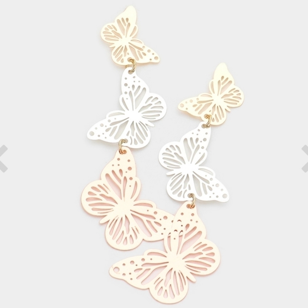 Cut Out Triple Metal Butterfly Link Dangle Earrings NWT